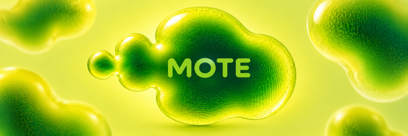 The MOTE wordmark set inside a green gelatinous blob, surrounded by floating blobs